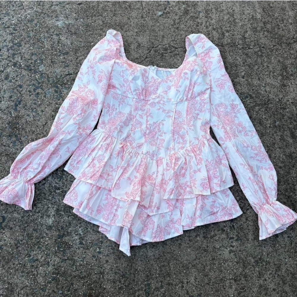 Pink floral ruffle preppy romper